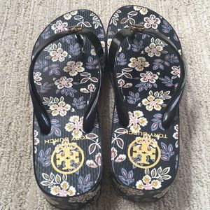 Tory Burch black floral Hopewell wedge flip-flops